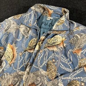 FU DA Silk Bomber Jacket Womens Medium Blue Sea Shell Pearl Print Vintage 90s